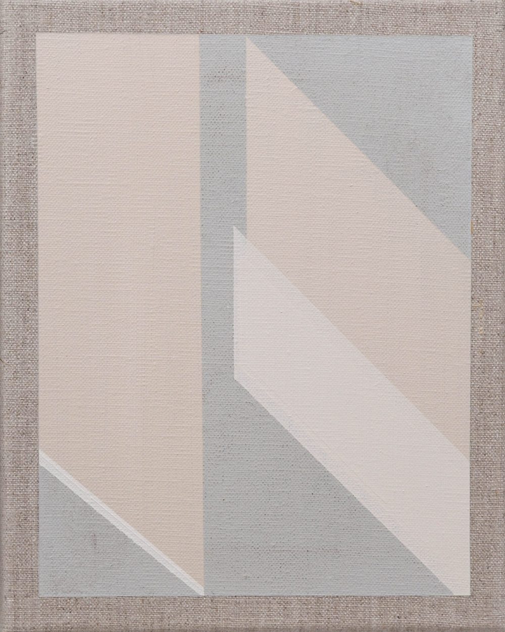 Abstract geometric painting with intersecting beige, gray, and white shapes creating layered depth.