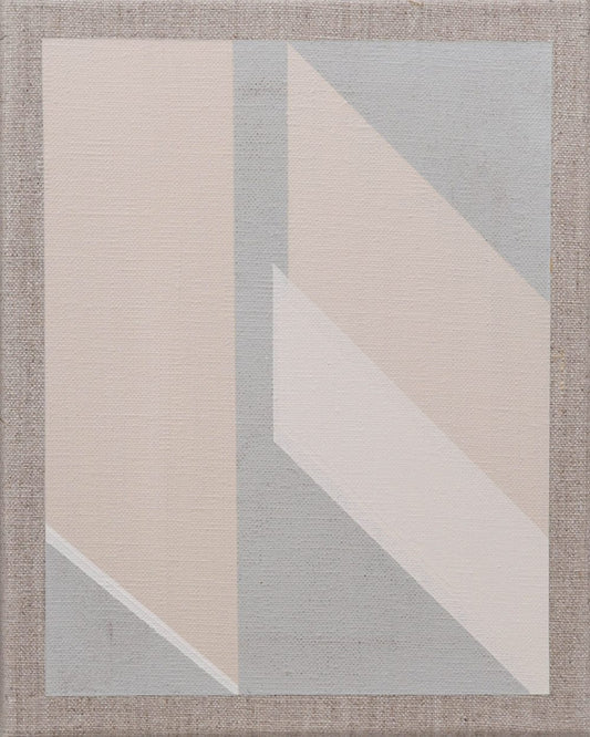 Abstract geometric painting with intersecting beige, gray, and white shapes creating layered depth.