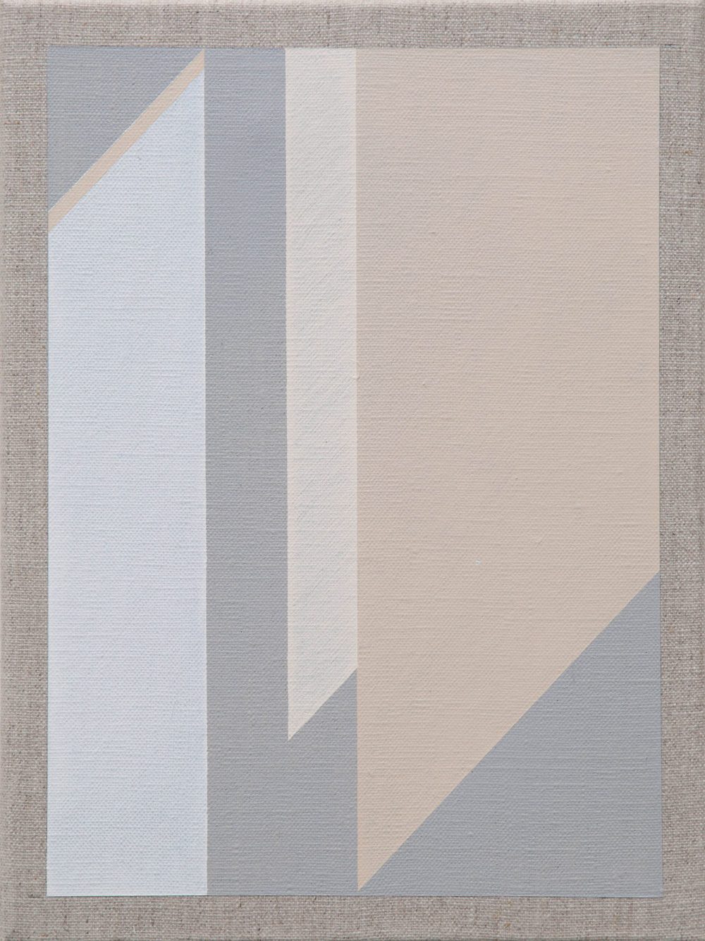 Abstract composition with layered geometric shapes in muted blue, beige, and gray tones creating depth.
