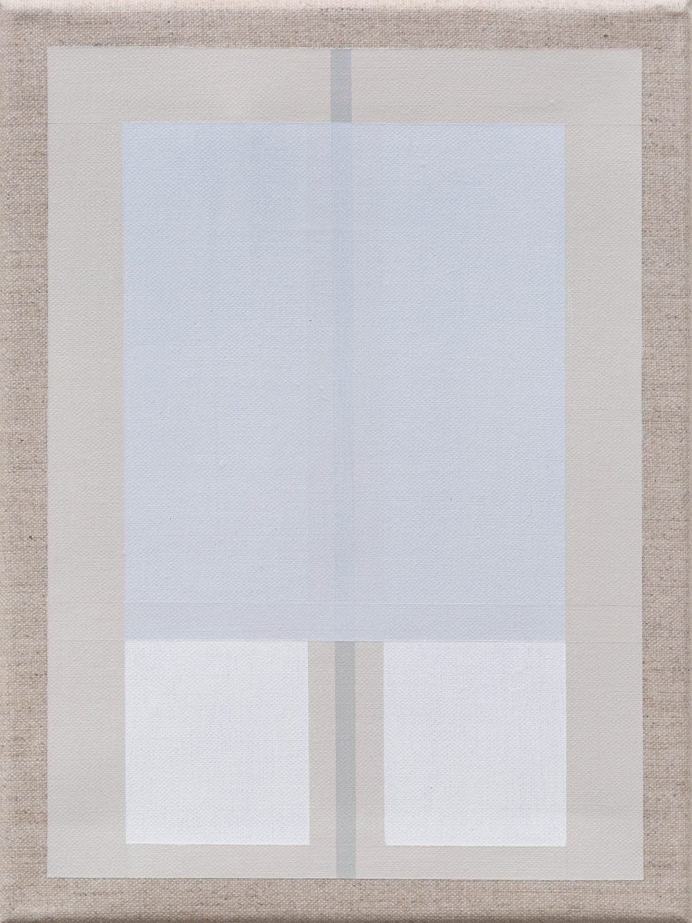 Abstract painting with layered translucent rectangles in soft blue and beige hues, creating a window effect.