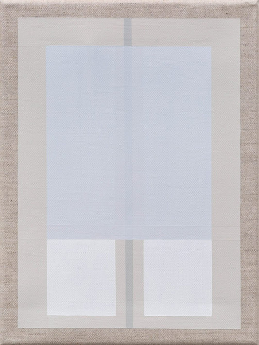 Abstract painting with layered translucent rectangles in soft blue and beige hues, creating a window effect.