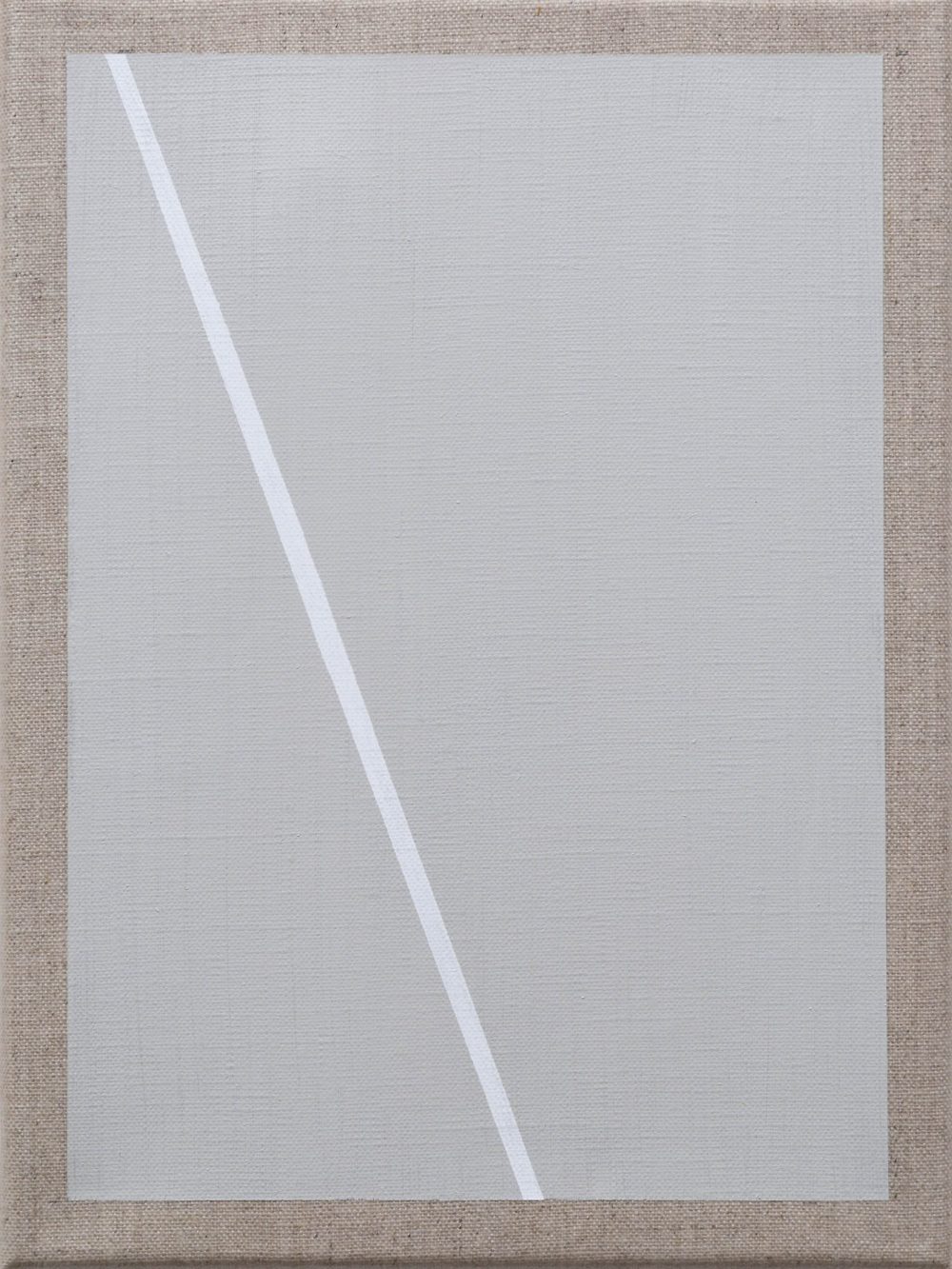 Minimalist painting with a single diagonal white line on a gray canvas, bordered by a natural texture.