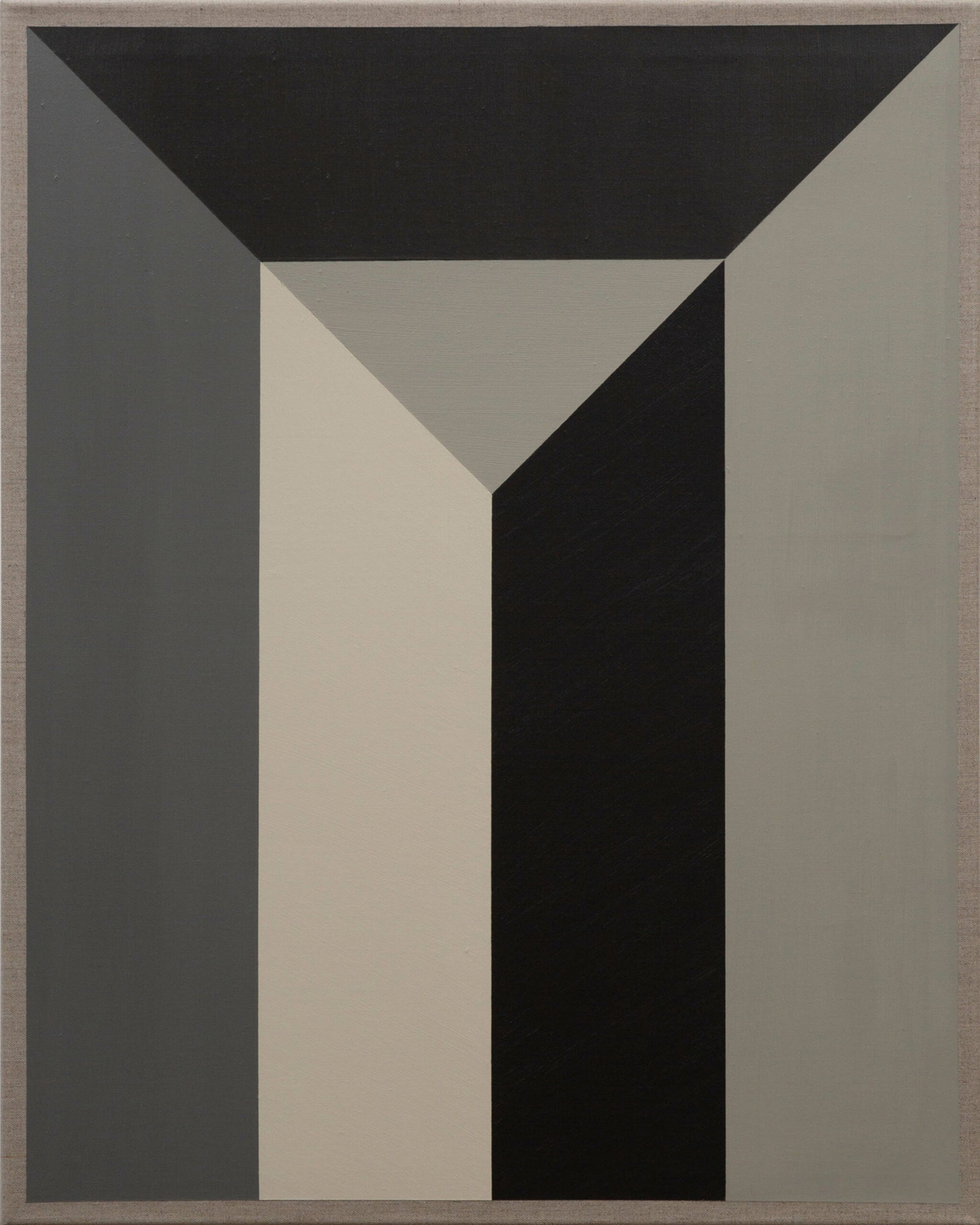 Abstract geometric painting with vertical black, gray, and beige panels forming a triangular perspective.
