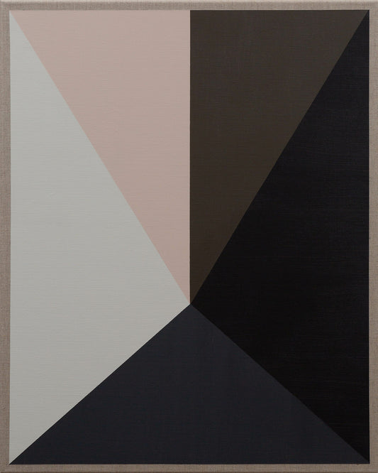 Geometric design with intersecting triangles in shades of pink, gray, black, and brown.