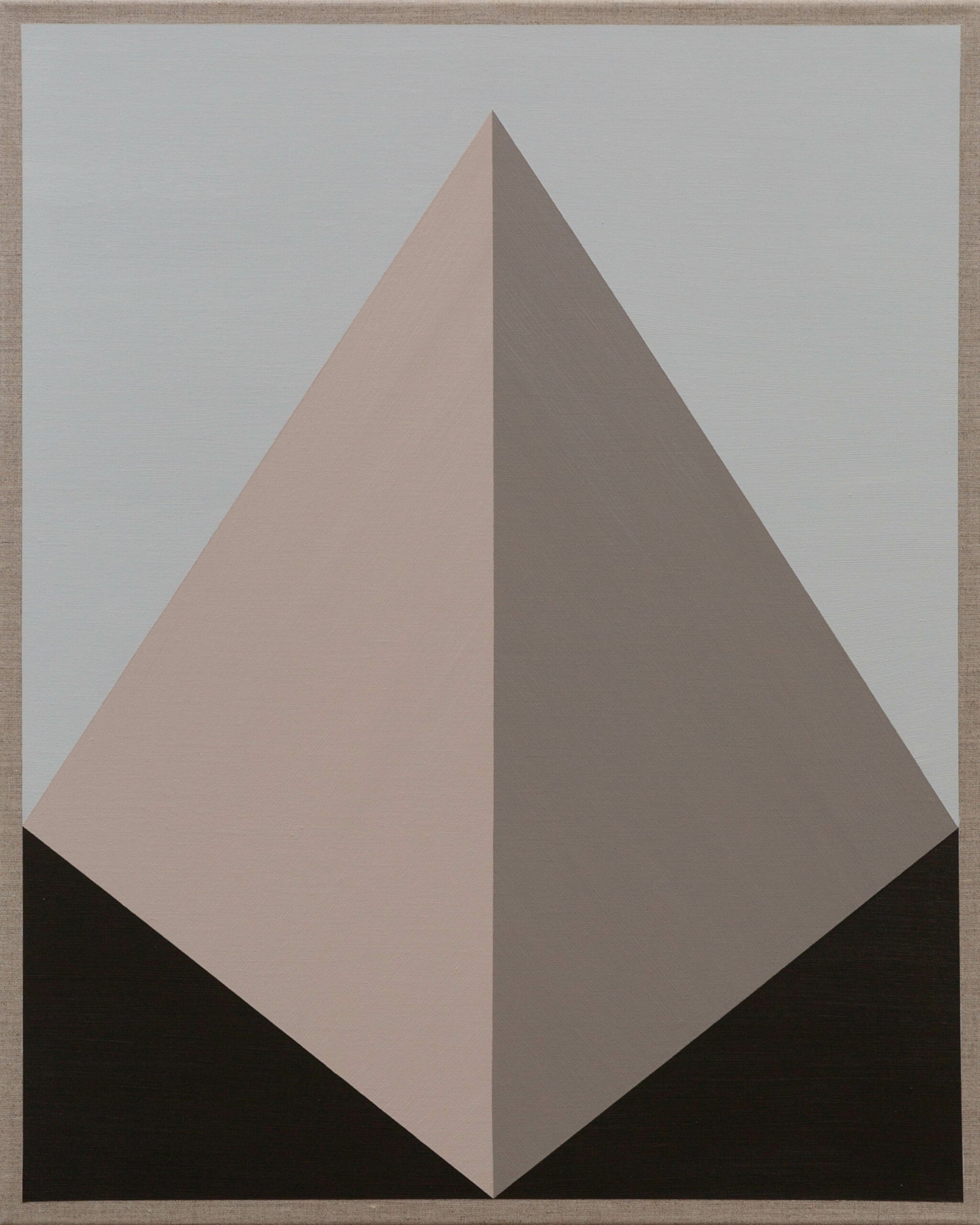 Abstract pyramid-like shape with beige, brown, and gray tones creating a symmetrical geometric design.