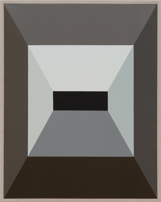Abstract geometric design with a central black rectangle framed by gray and dark brown shapes.
