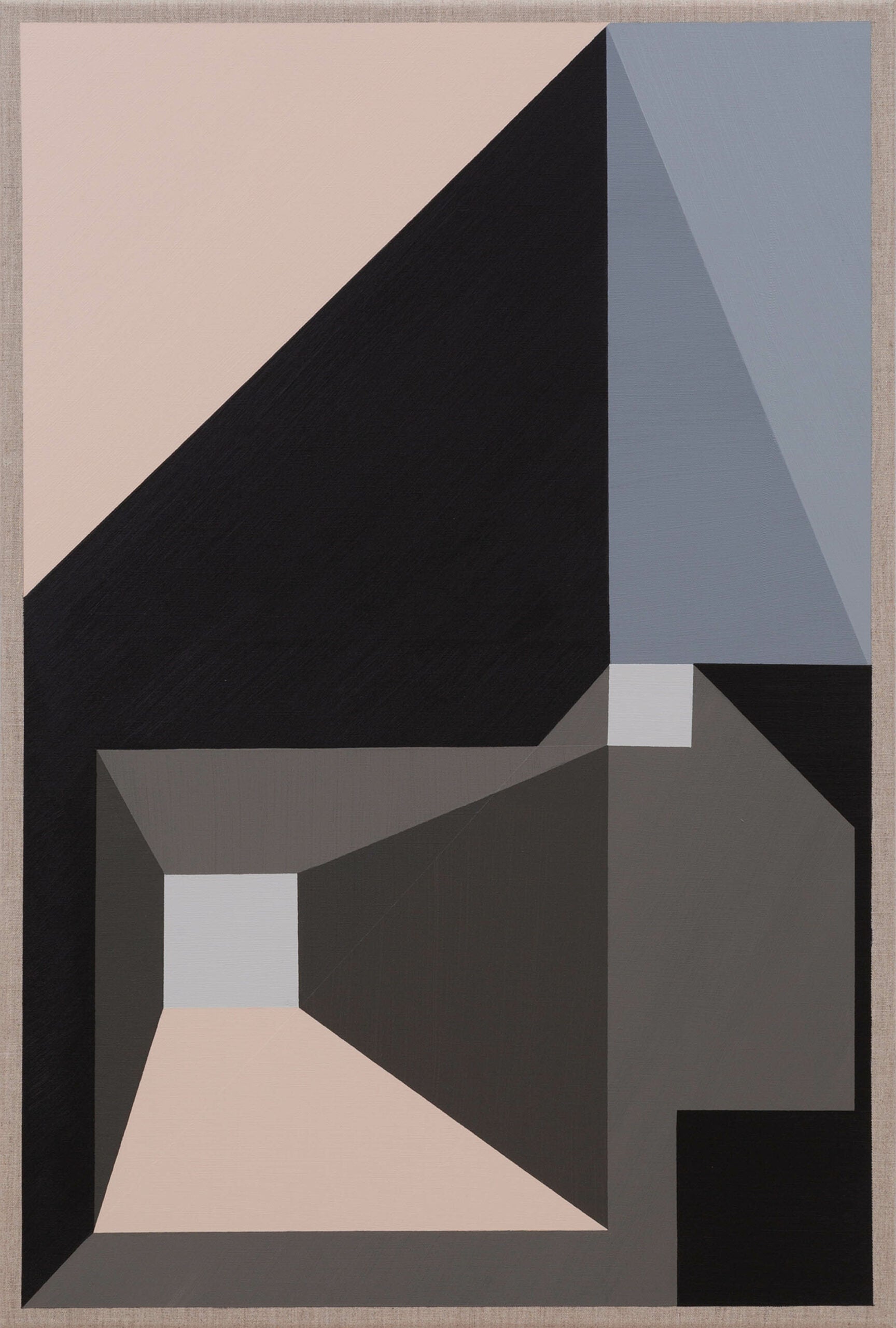 Geometric abstraction with bold angular shapes in black, gray, and soft pink tones.