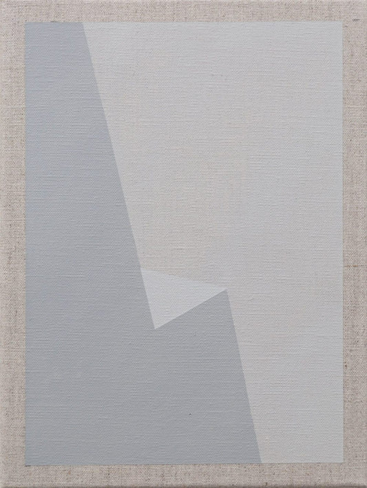 Minimalist abstract with soft gray tones and layered geometric shapes on
a textured canvas background.