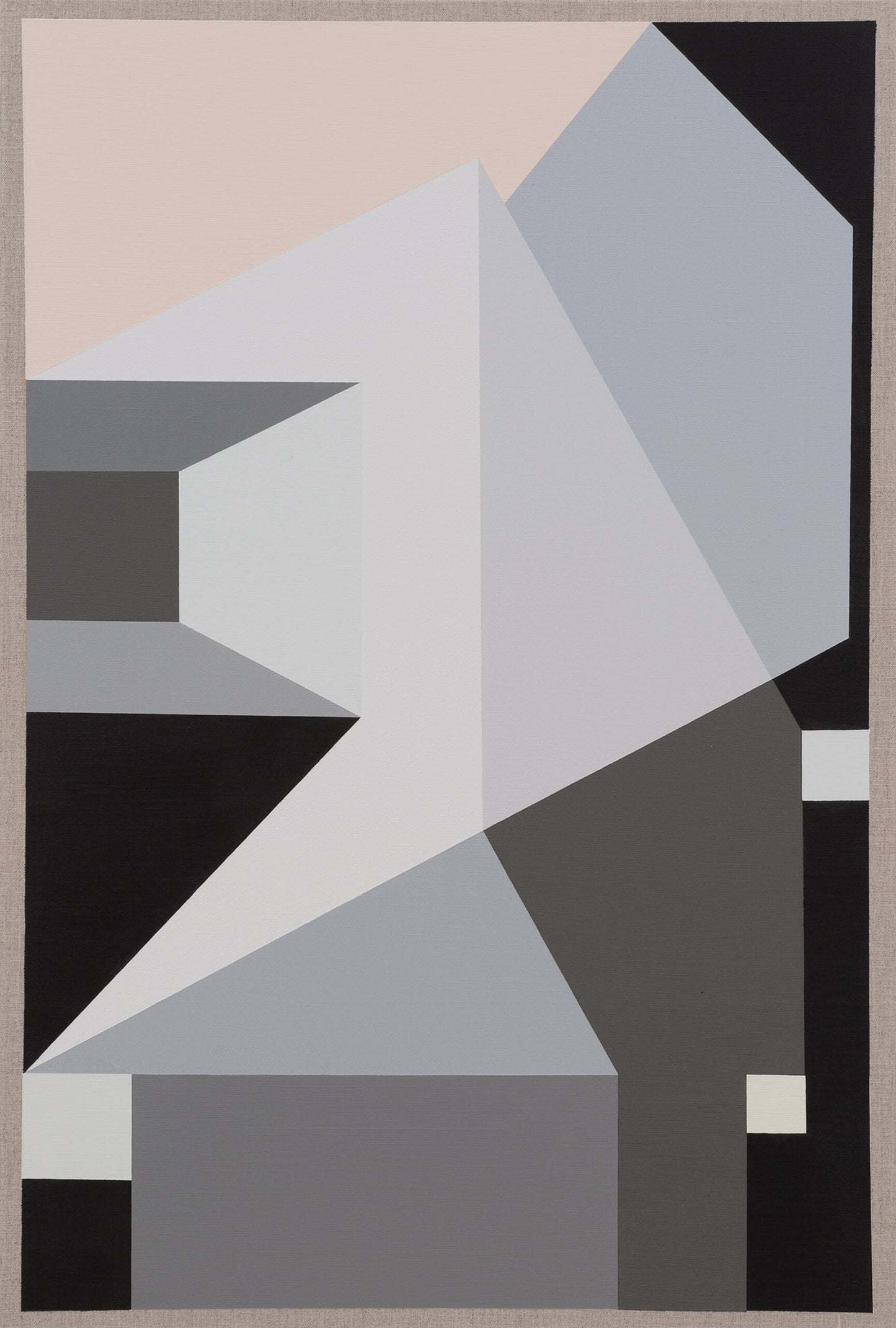 Abstract geometric composition with angular shapes in shades of gray, black, and light pink.