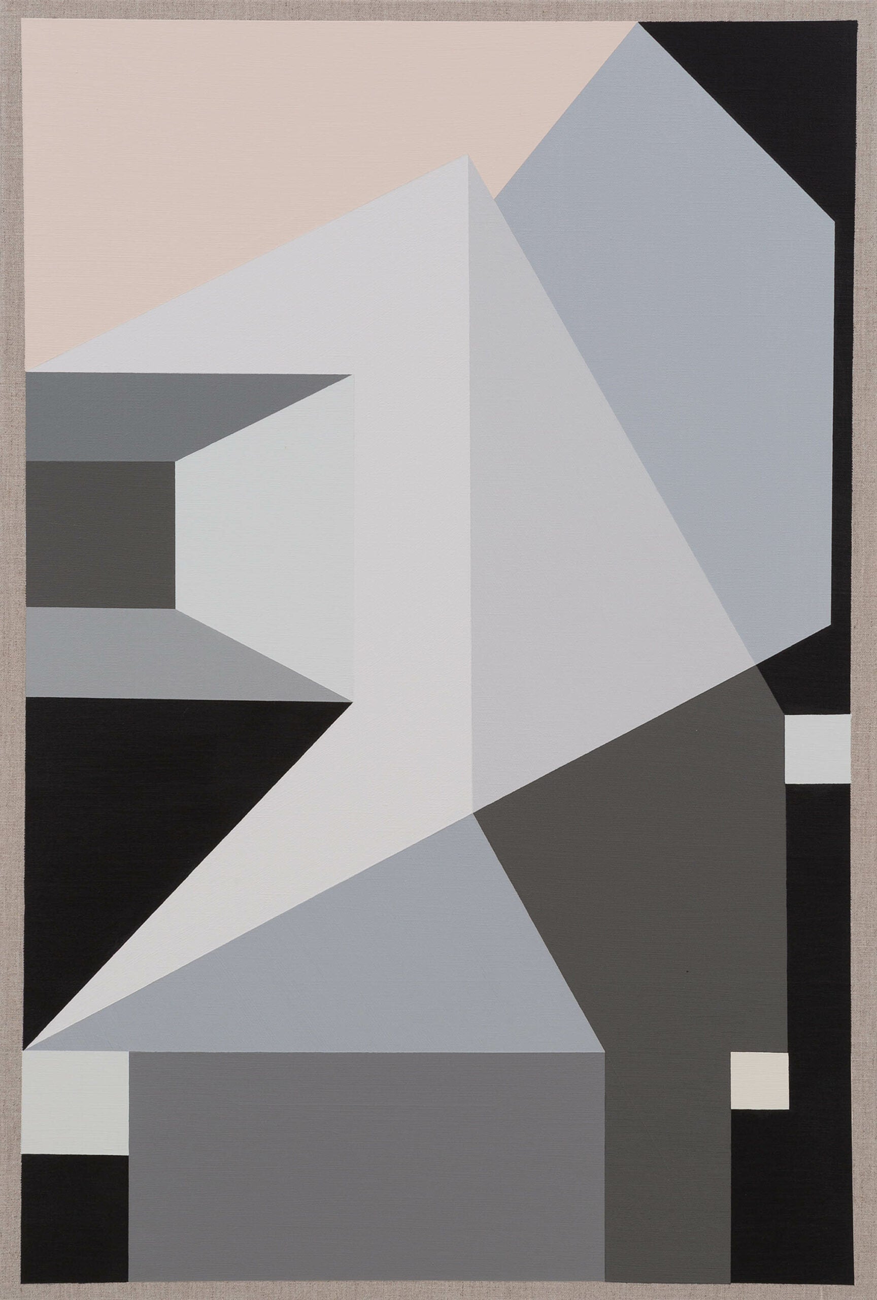 Abstract geometric composition with angular shapes in shades of gray, black, and light pink.