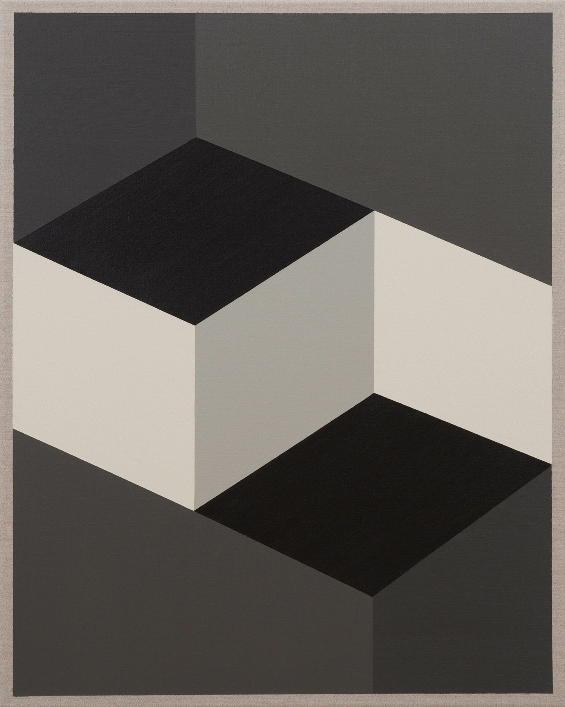 Abstract painting with a central light gray cube surrounded by black and dark gray geometric patterns.