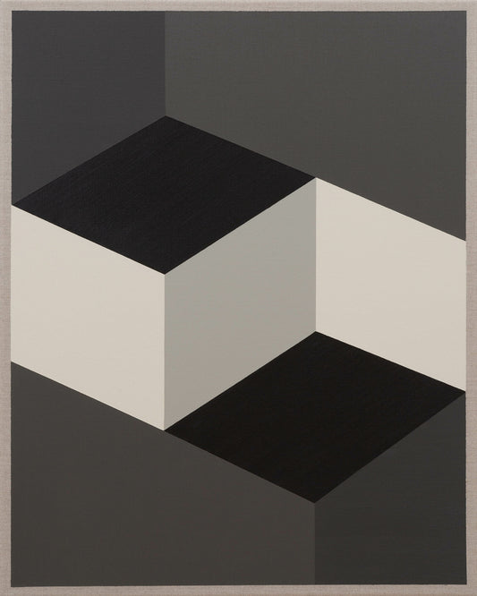 Abstract painting with a central light gray cube surrounded by black and dark gray geometric patterns.