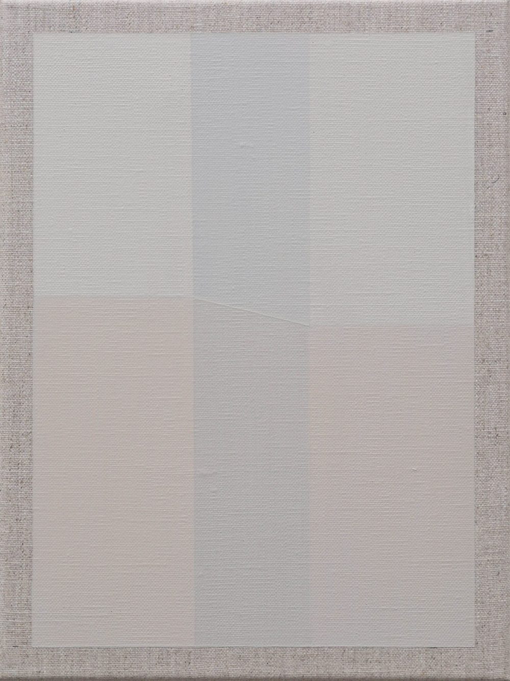 Abstract painting with soft pastel vertical stripes and subtle geometric divisions on a textured canvas.