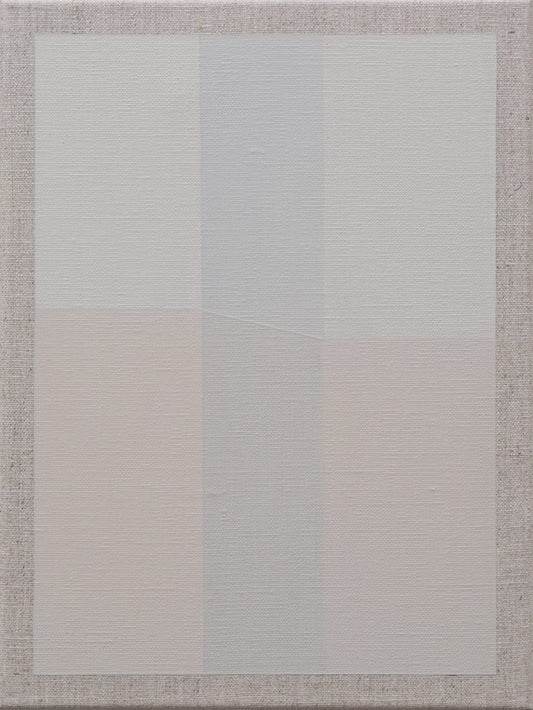 Abstract painting with soft pastel vertical stripes and subtle geometric divisions on a textured canvas.