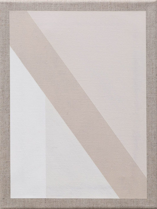 Geometric abstract painting with soft beige and white tones, featuring bold diagonal and vertical shapes.