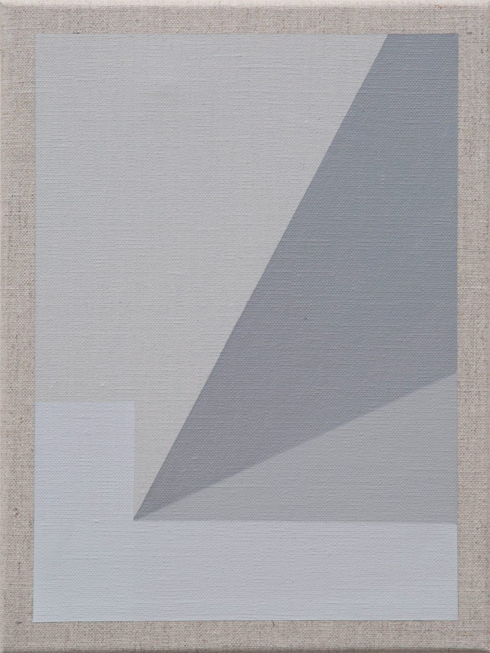 Abstract painting with geometric shapes and soft gray gradients forming a triangular shadow effect.