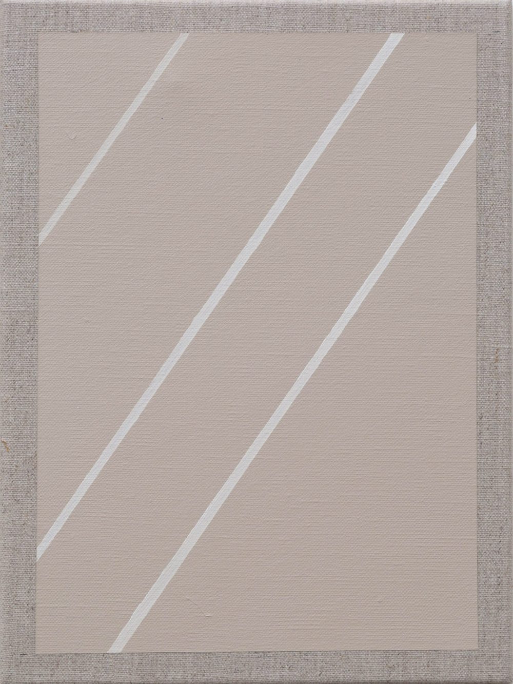 Minimalist painting with diagonal white lines on a beige background, creating a sense of movement.