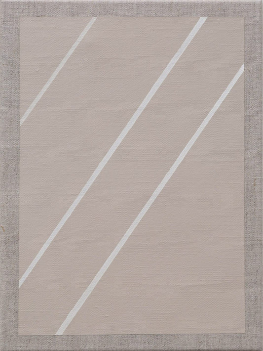 Minimalist painting with diagonal white lines on a beige background, creating a sense of movement.