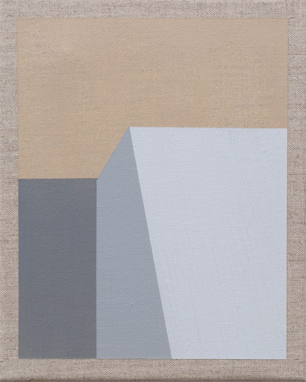 Minimalist geometric painting with overlapping beige, gray, and white shapes forming a slanted structure.