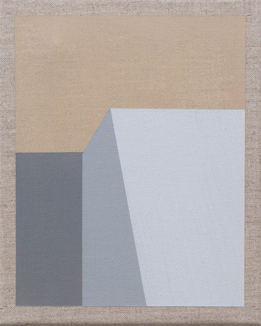 Minimalist geometric painting with overlapping beige, gray, and white shapes forming a slanted structure.