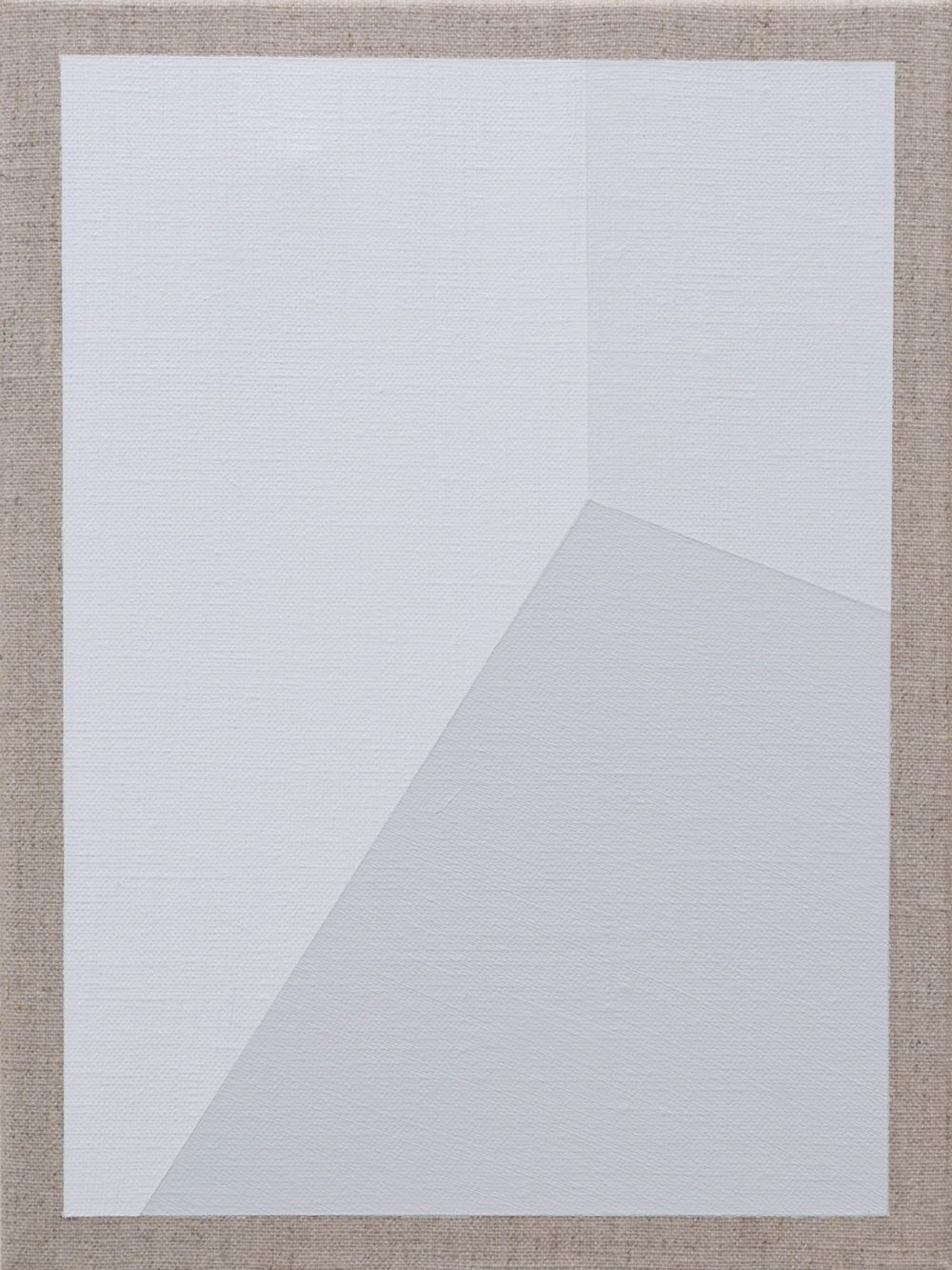 Abstract geometric painting with intersecting white and gray planes creating subtle depth and angles.
