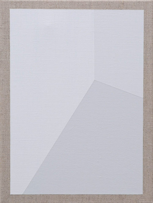 Abstract geometric painting with intersecting white and gray planes creating subtle depth and angles.
