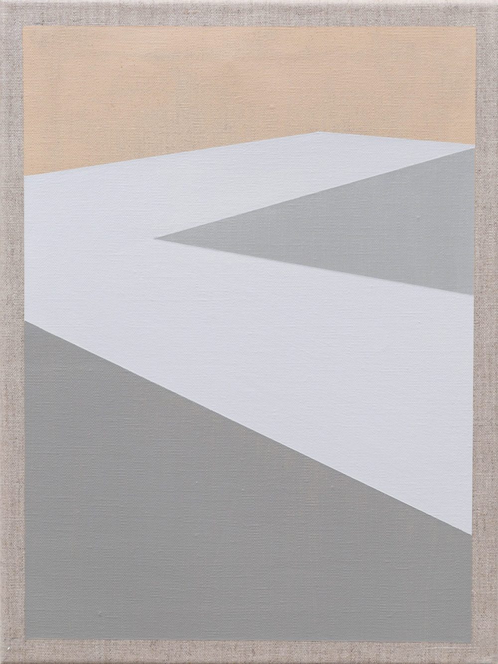 Minimalist abstract painting with geometric gray, white, and beige planes creating depth and perspective.