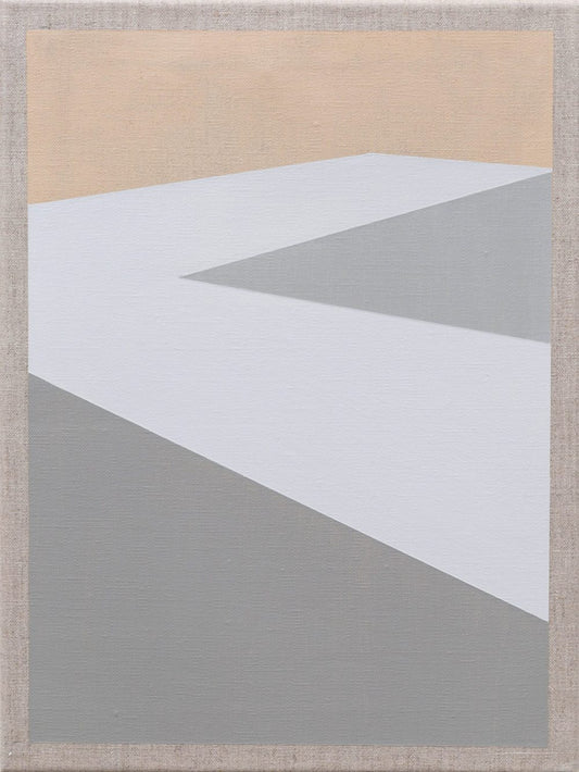 Minimalist abstract painting with geometric gray, white, and beige planes creating depth and perspective.
