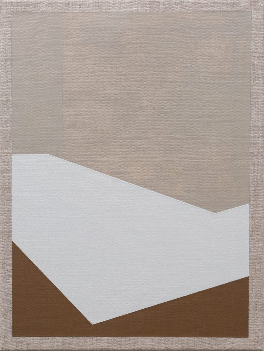 Abstract painting with brown, white, and beige geometric planes creating a minimalist landscape effect.