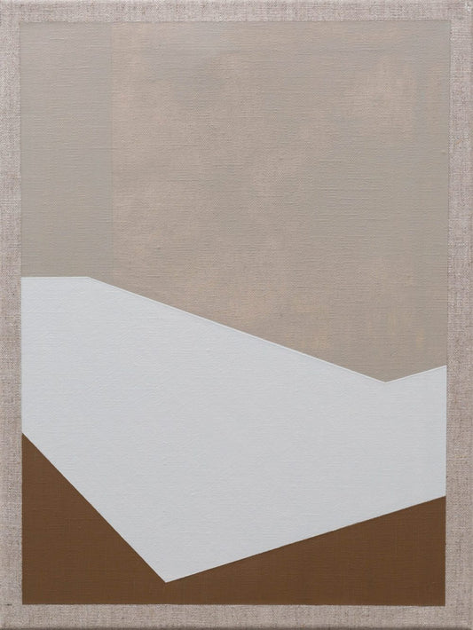 Abstract painting with brown, white, and beige geometric planes creating a minimalist landscape effect.