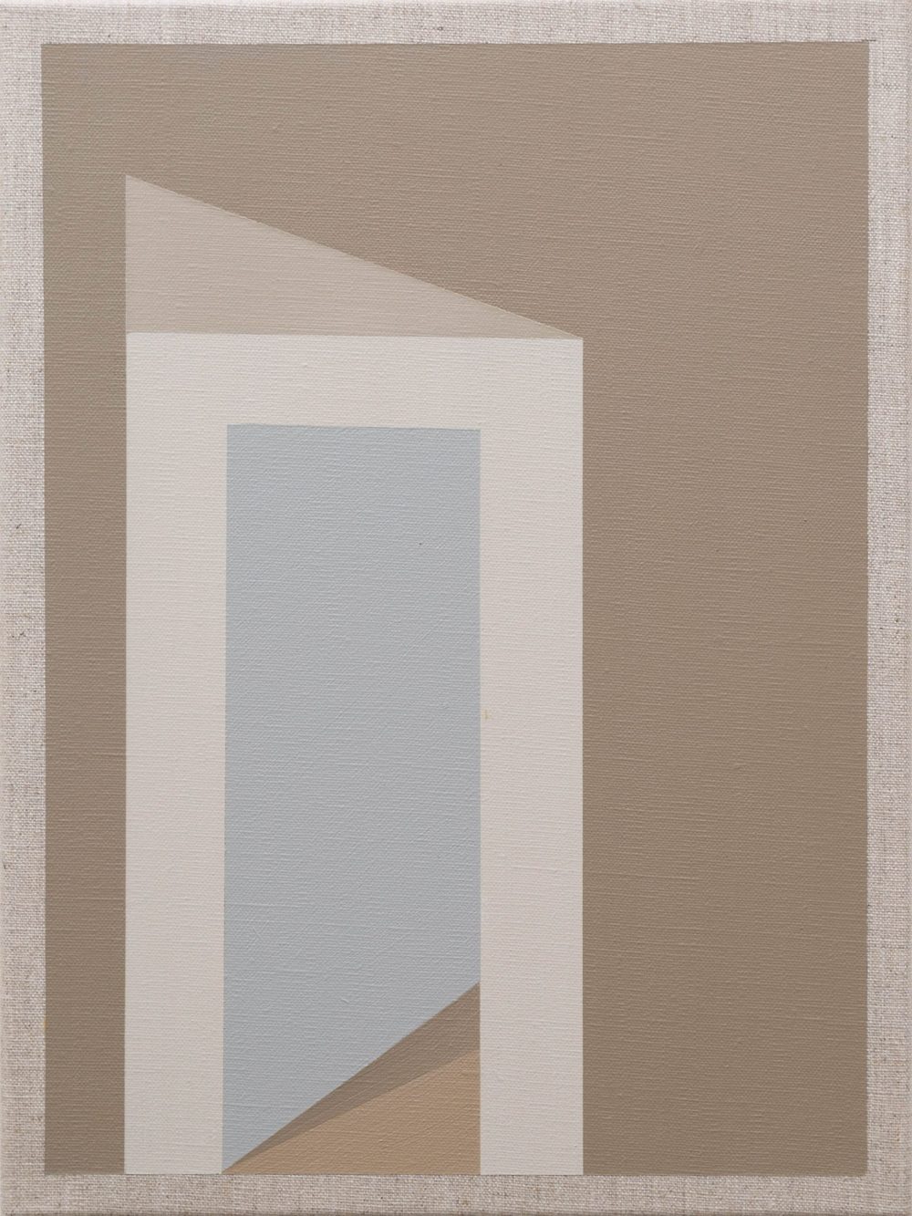 Abstract painting with beige, white, and blue geometric doorway shapes on a minimalist textured canvas.