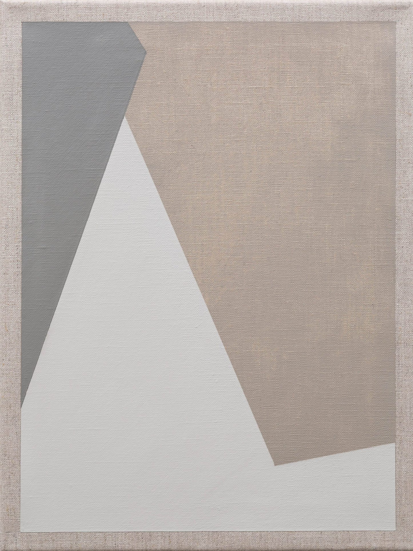 Minimalist abstract painting with beige, white, and gray geometric shapes on a textured linen background.