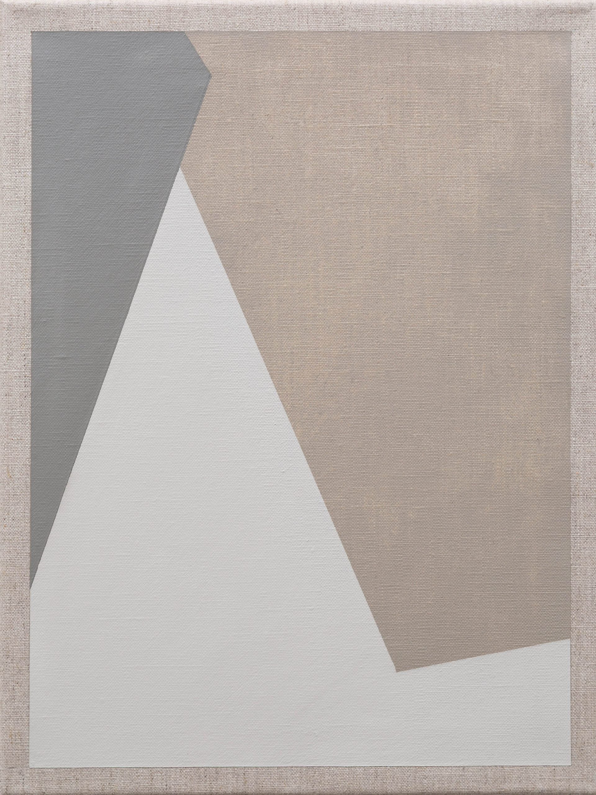 Minimalist abstract painting with beige, white, and gray geometric shapes on a textured linen background.