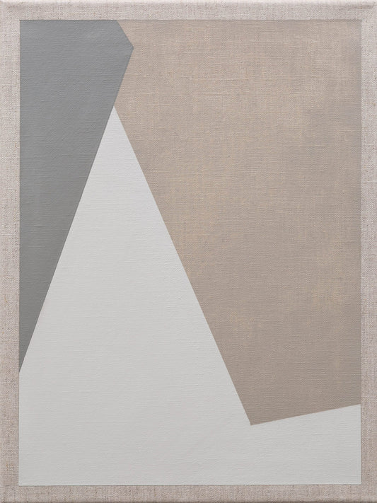 Minimalist abstract painting with beige, white, and gray geometric shapes on a textured linen background.
