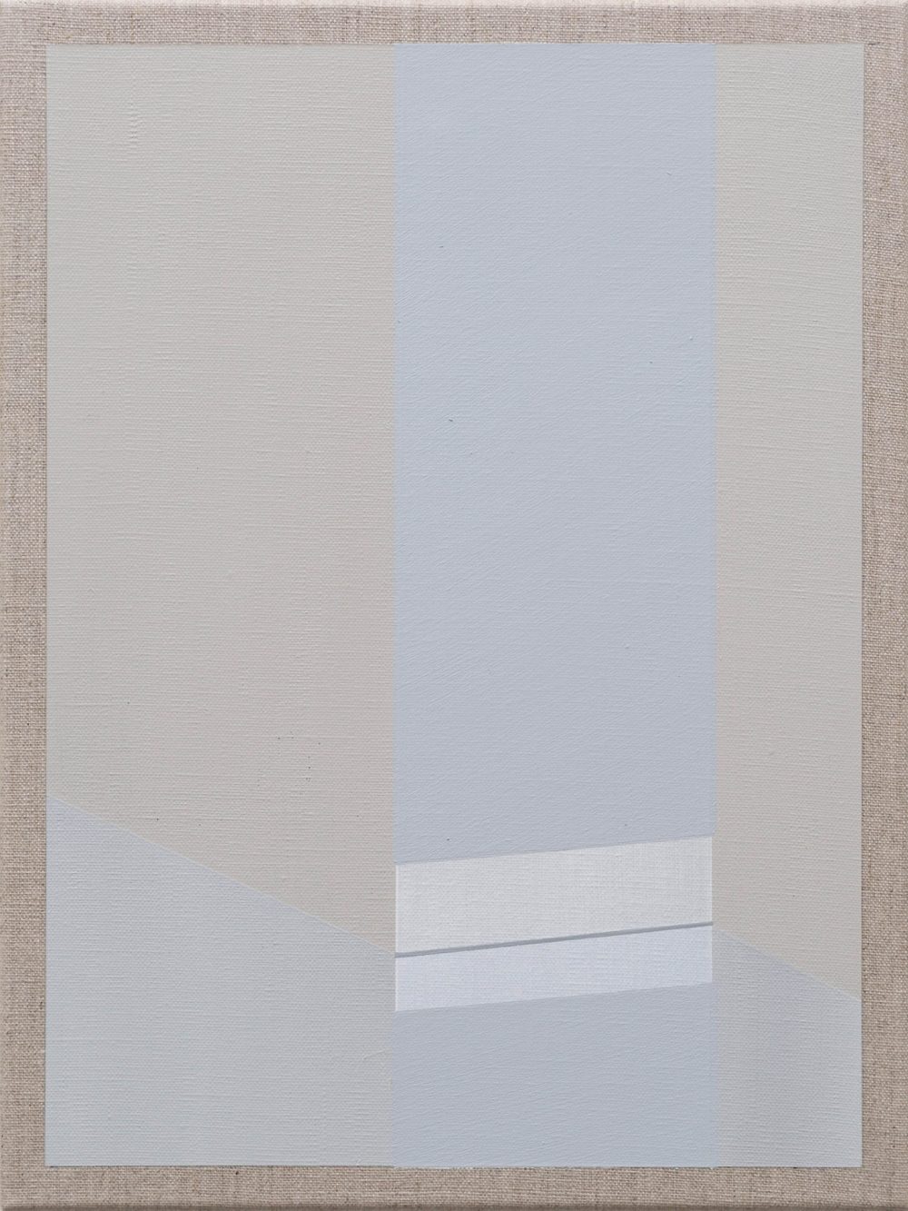 Minimalist abstract painting with soft blue and beige vertical panels and subtle geometric layering.