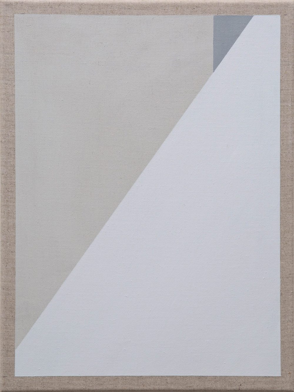 Abstract painting with diagonal white and gray shapes creating minimalist geometric contrasts