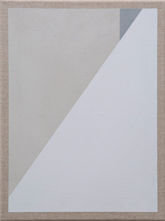 Abstract painting with diagonal white and gray shapes creating minimalist geometric contrasts