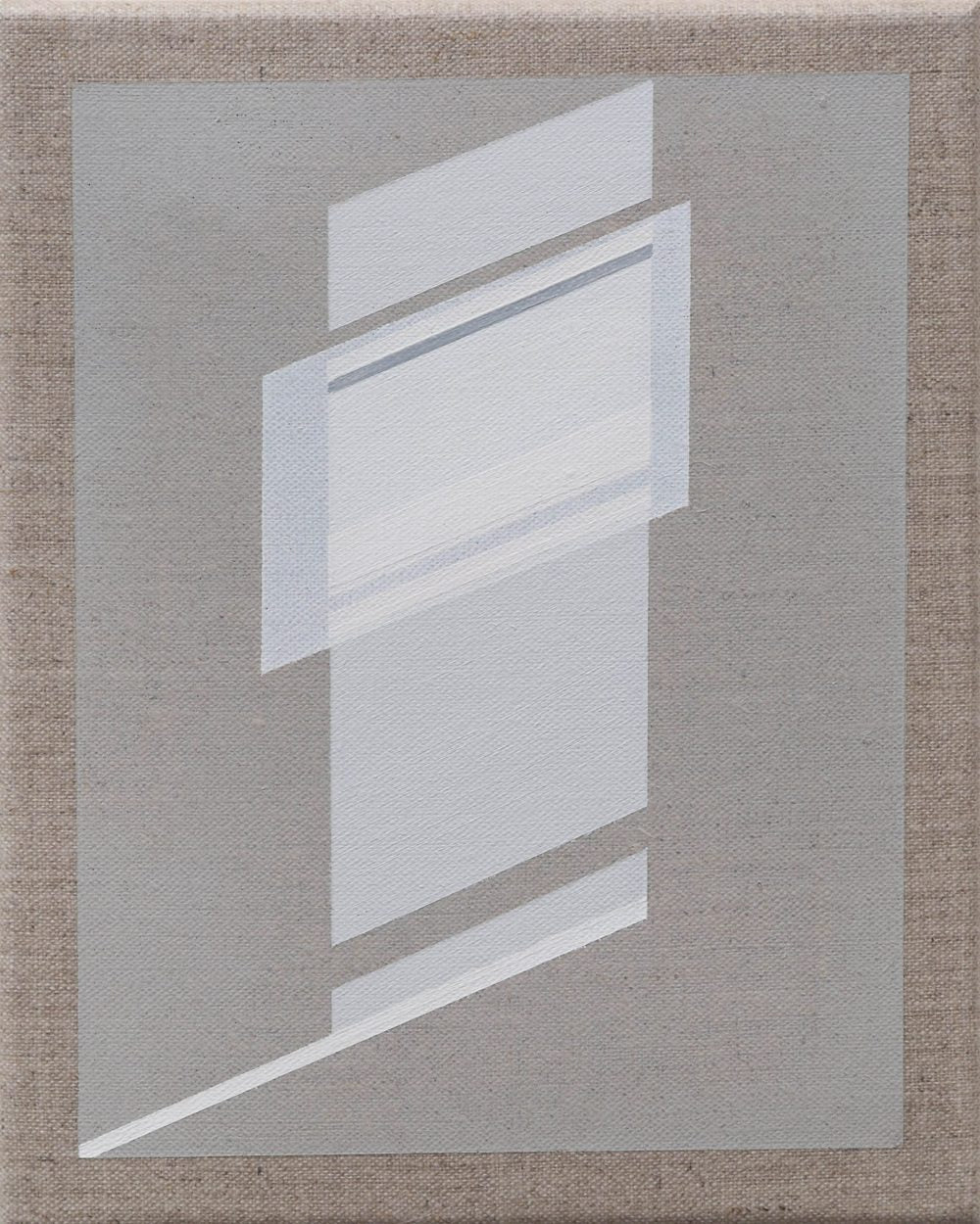 Abstract painting with translucent white and gray rectangles forming layered reflections and shadows.