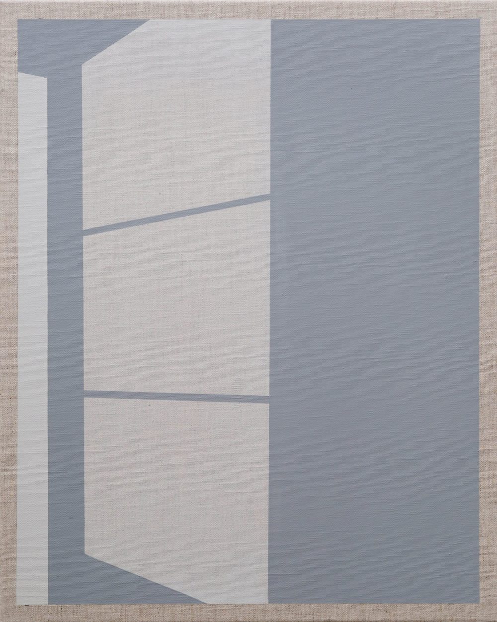 Abstract painting with geometric shapes and a subtle interplay of light and shadow in cool tones.