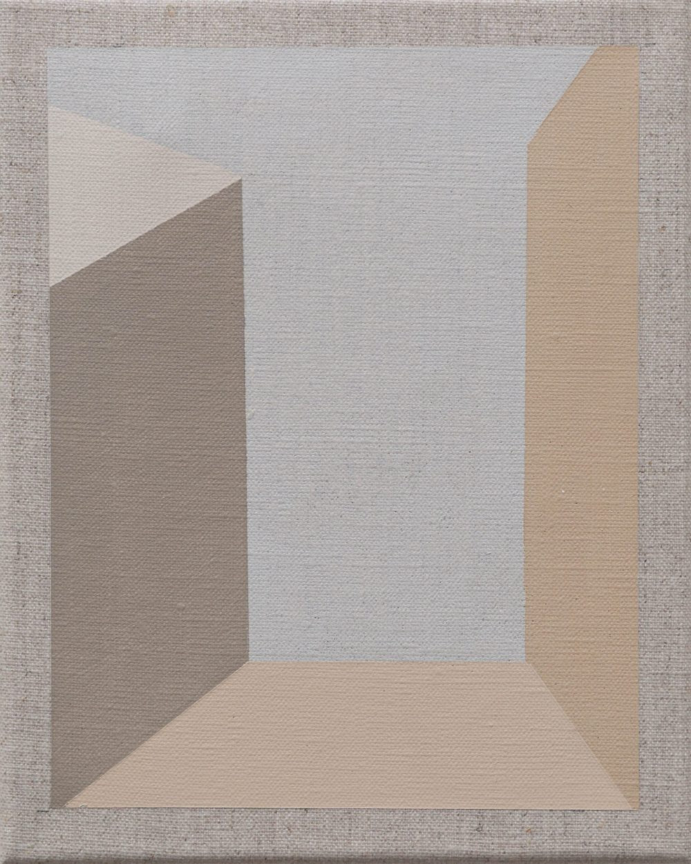 Geometric minimalist painting with beige, gray, and blue tones forming a room-like perspective.