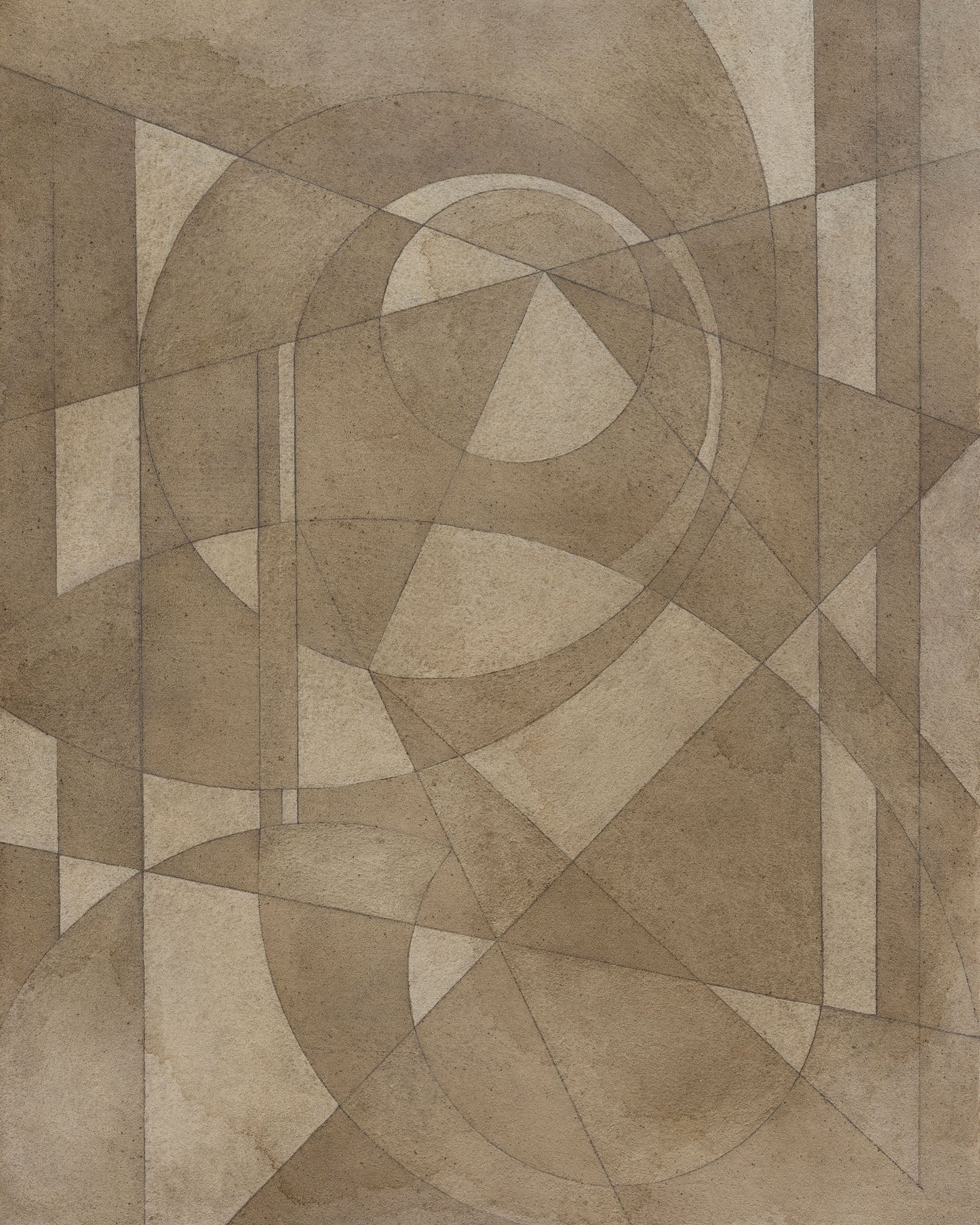 Abstract painting with intersecting circles, triangles, and lines in muted brown and beige tones