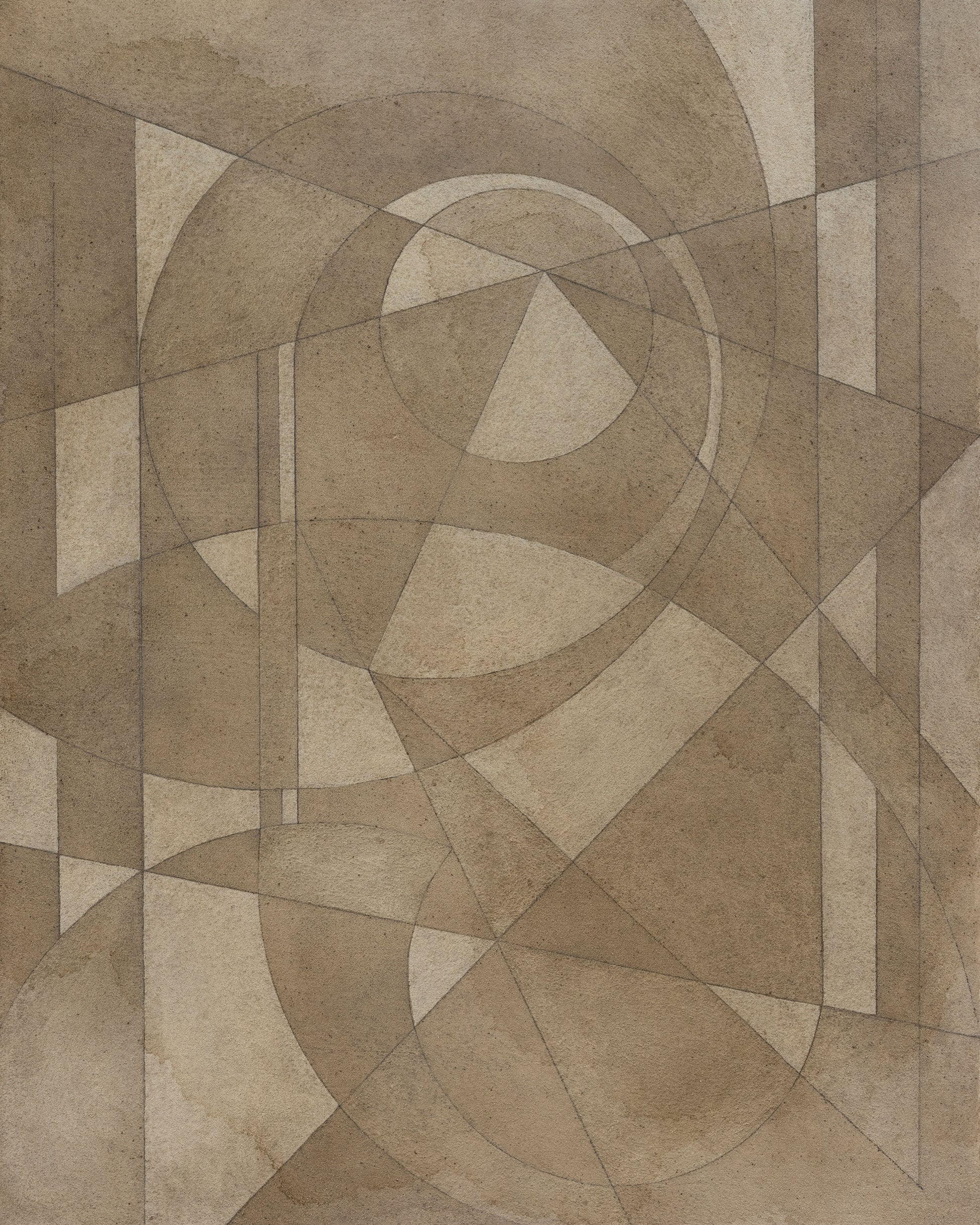 Abstract painting with intersecting circles, triangles, and lines in muted brown and beige tones