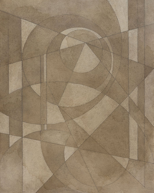 Abstract painting with intersecting circles, triangles, and lines in muted brown and beige tones