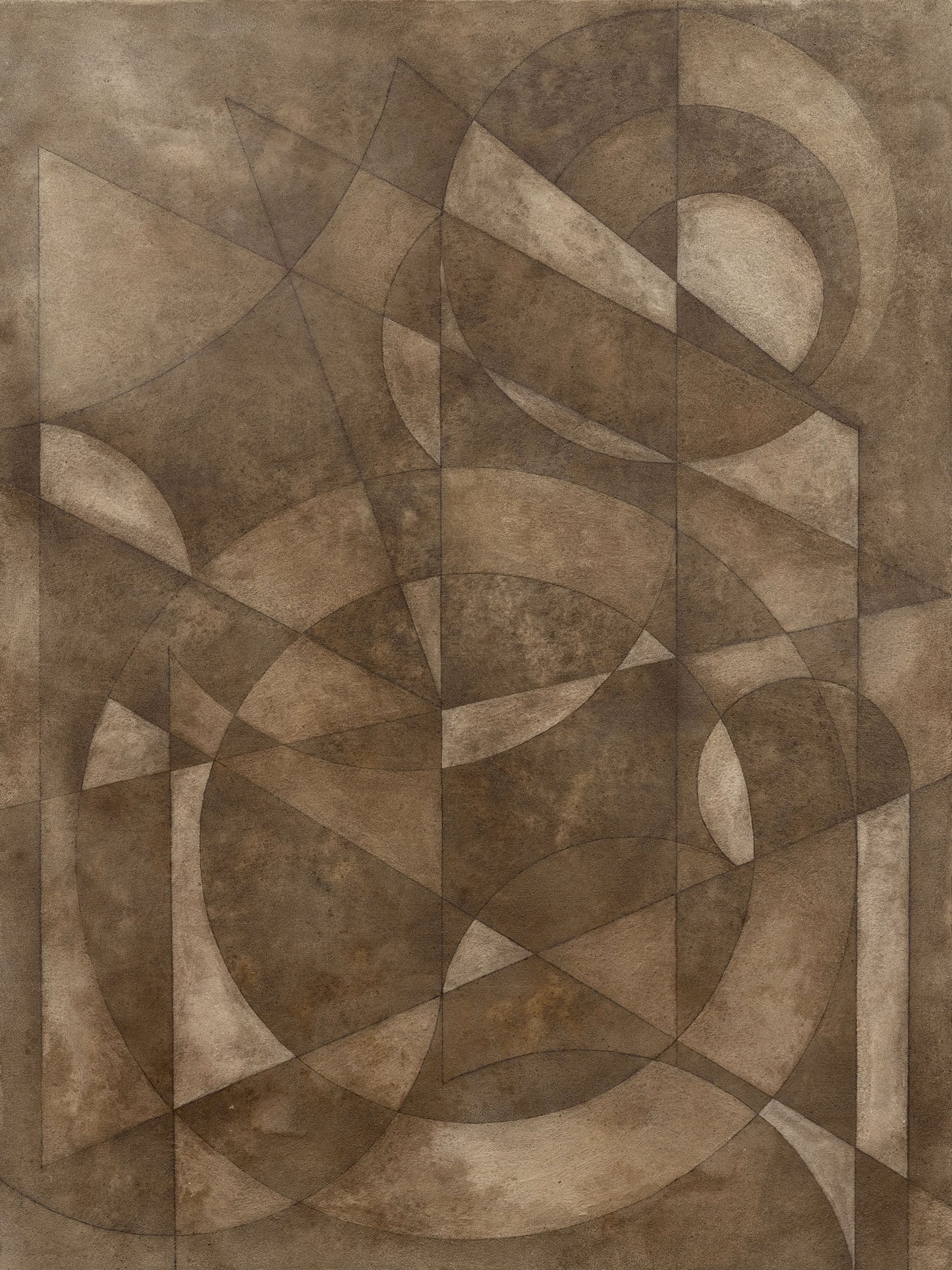 Abstract painting with overlapping circles, triangles, and lines in earthy brown tones, creating harmony.