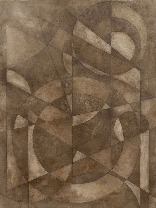 Abstract painting with overlapping circles, triangles, and lines in earthy brown tones, creating harmony.