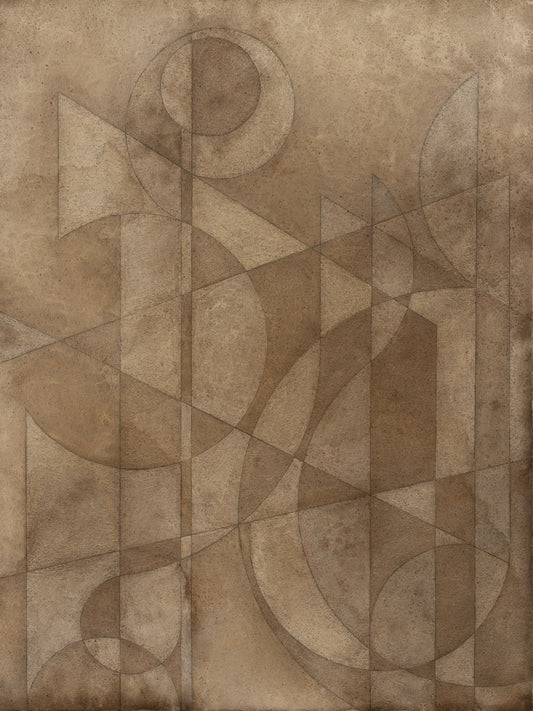 Abstract painting with layered geometric shapes in warm brown tones, creating depth and texture.