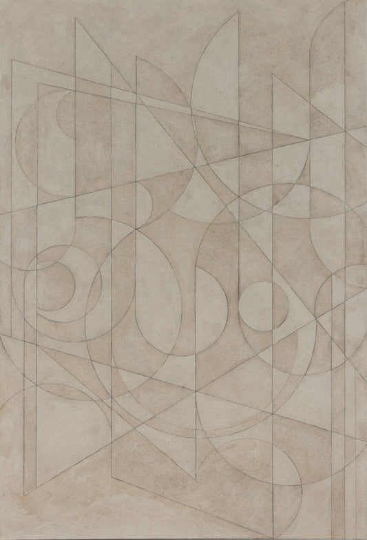 Abstract painting with intersecting geometric lines and shapes in soft beige and neutral tones