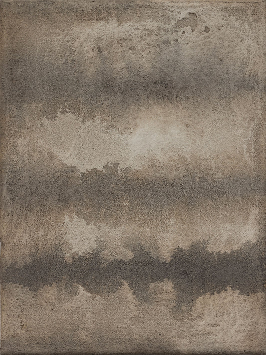 Abstract painting with layered earthy tones and textured gradients, resembling a misty, atmospheric landscape