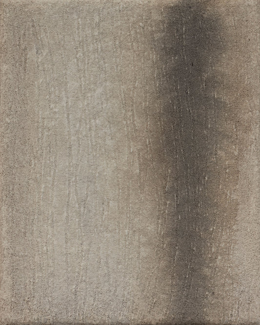 Abstract painting with textured beige tones and a dark vertical gradient on the right, creating contrast