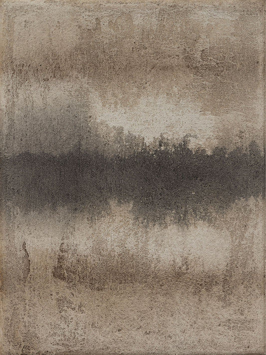 Abstract painting with earthy tones and a dark horizontal band resembling a distant landscape or reflection.
